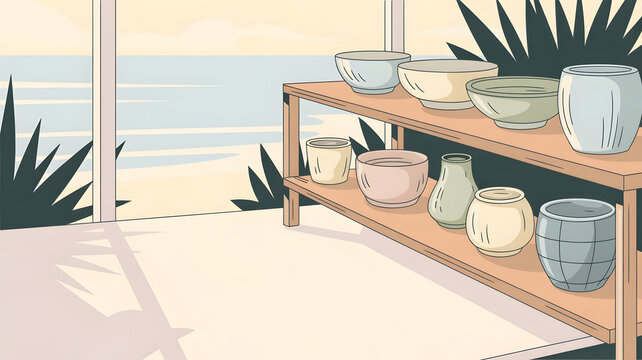Interior scene of wooden shelves with various ceramic pots and vases, large window view of ocean and sky, calm and serene.