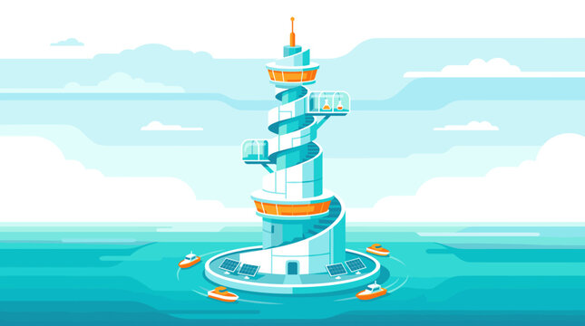 Vector illustration of a modern futuristic ocean research facility with solar panels and spiraling architecture. Symbolizes clean energy, innovation, and scientific marine discovery.