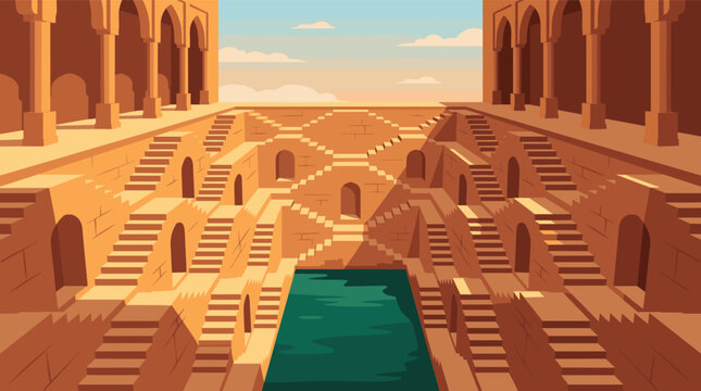 This flat vector illustration showcases an ancient Indian stepwell, featuring intricate terraced steps, arches, and a tranquil green water pool under a blue sky. 