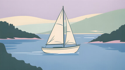 Naklejka premium Sailboat on calm water, serene landscape with rolling hills and pastel sky, minimalist style, peaceful journey across gentle blue sea, calm voyage.
