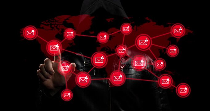 Motion graphics of a hooded hacker in the shadows touching a digital red world map spreading a computer virus on a cyber security concept