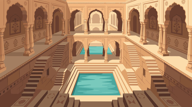 Vector illustration of an ornate Indian stepwell, showcasing traditional architecture, multiple levels of steps, arches, pillars, and tranquil blue water pools. Perfect for cultural
