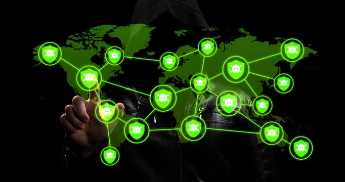 Motion graphics of a hooded hacker in the shadows touching a digital green world map spreading a computer virus on a cyber security concept