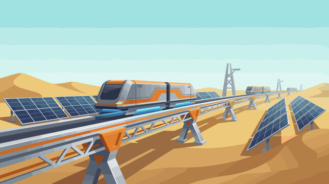 Modern maglev train on elevated track through a desert, powered by solar panels. Represents clean energy, sustainable transportation, and innovative technology.