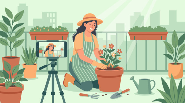 Vector illustration of a woman vlogging her urban balcony gardening, planting flowers happily. Ideal for topics like hobbies, sustainability, and online content creation.