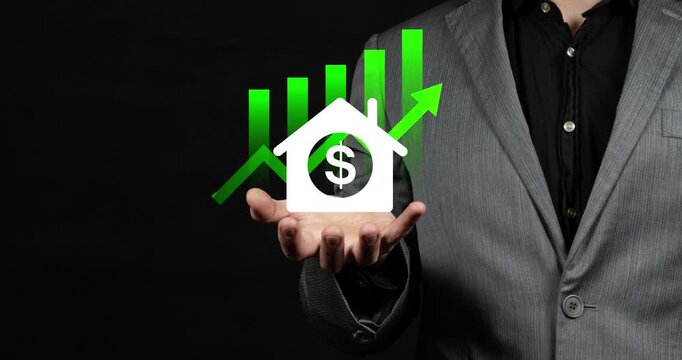Motion graphics of a modern businessman in suit holding on his hand a real estate house proceeds with a graph and an arrow