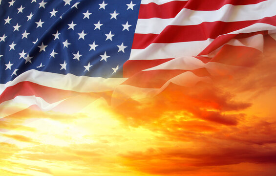 American flag in sunny sky
