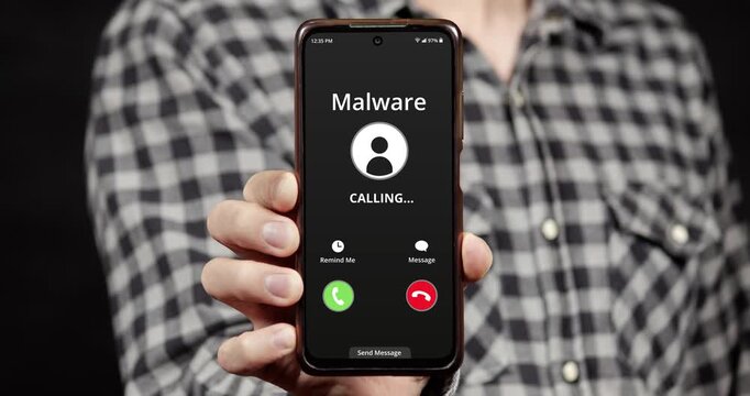 Motion graphics of a male hand holding a smartphone with a malware incoming call interface and a black background