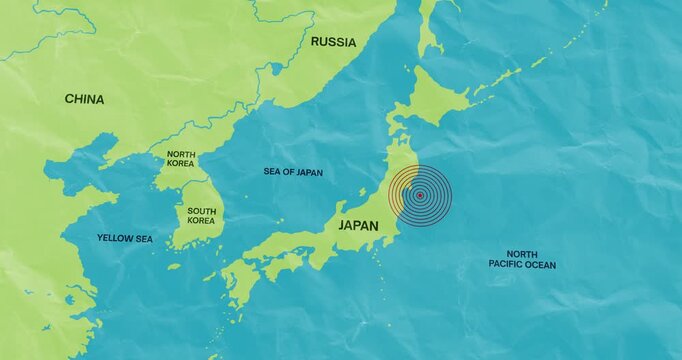 graphic motion video of an earth waves concentric lines into a Japanese map of an earthquake epicenter composition concept