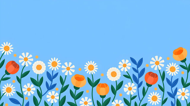 Vibrant meadow border with cheerful daisies and tulips against bright blue sky for summer.