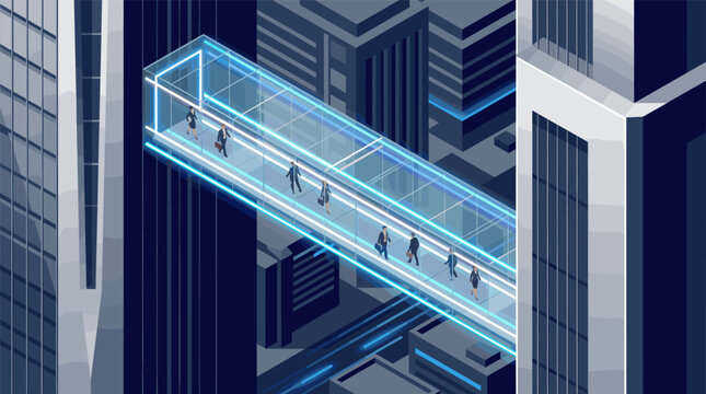 Futuristic urban scene with executives commuting through a sleek, neon-lit glass skybridge connecting high-rise towers. Ideal for technology and corporate themes.