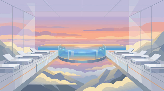 Stunning vector of a modern luxury infinity pool overlooking serene mountains at sunset. Perfect for travel, spa, and relaxation. Emphasizes tranquility and upscale lifestyle.