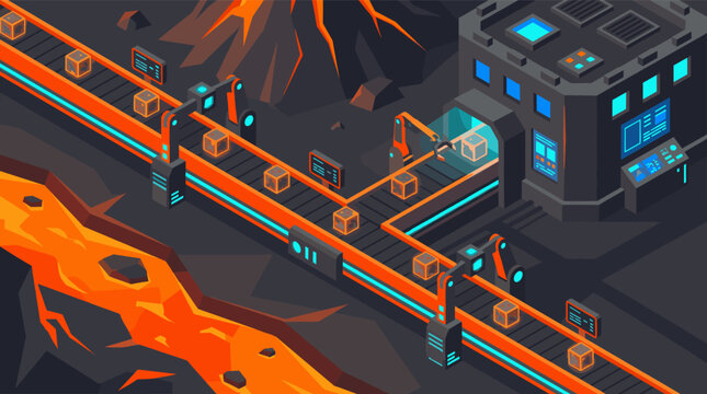 Isometric vector illustration depicts a futuristic automated factory processing materials on conveyor belts near a volcanic lava river. Perfect for tech, industry, or gaming concepts.