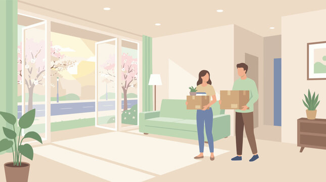 Modern vector of a couple moving into a new apartment, carrying boxes. Bright spring day outside. Represents new beginnings, home, and real estate.