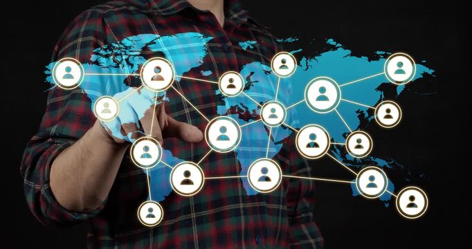 Motion graphics of a modern businessman touching a tech networking contacts world map with a black background