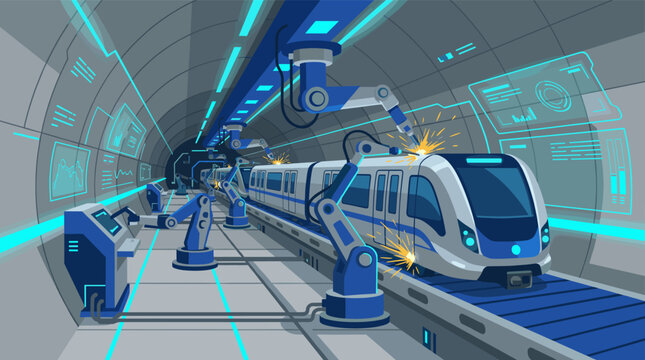 Robotic arms weld a modern train in a futuristic, high-tech subway tunnel with glowing digital interfaces, symbolizing innovation, automation, and industrial progress.