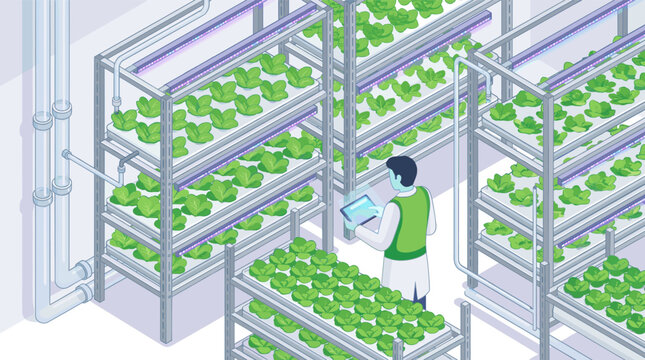 Clean vector illustration of a scientist in a modern vertical farm. Monitoring hydroponic lettuce growth, representing sustainable agriculture technology.