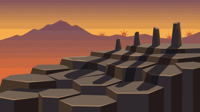Vibrant vector desert landscape with stylized hexagonal rock formations, distant mountains, and multiple setting suns against a warm gradient sky. Ideal for modern design.