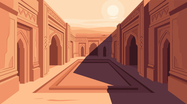 Vector illustration of an ancient temple courtyard with ornate arches, geometric patterns, and long shadows under a warm desert sun. Ideal for travel or cultural themes.
