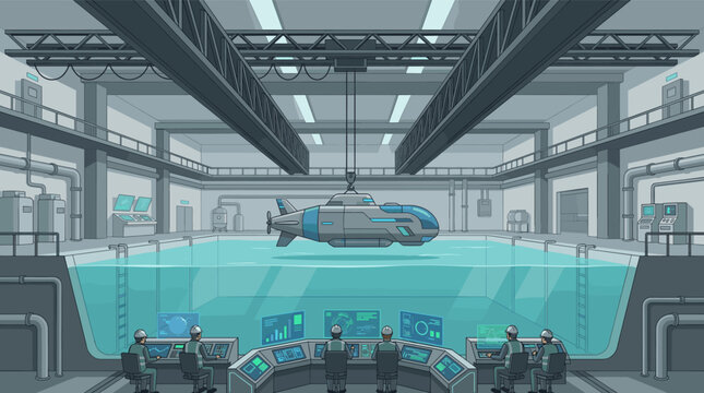 A futuristic submarine is tested in an advanced research facility, with scientists monitoring controls. Ideal for technology, engineering, and scientific innovation concepts.