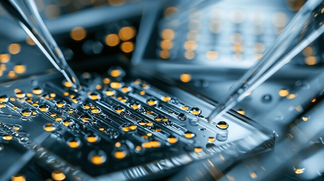 Closeup view focusing on tiny drug droplets interacting with sensor channels on a microfluidic device surrounded by softly blurred glass slides and pipettes under cinematic macro
