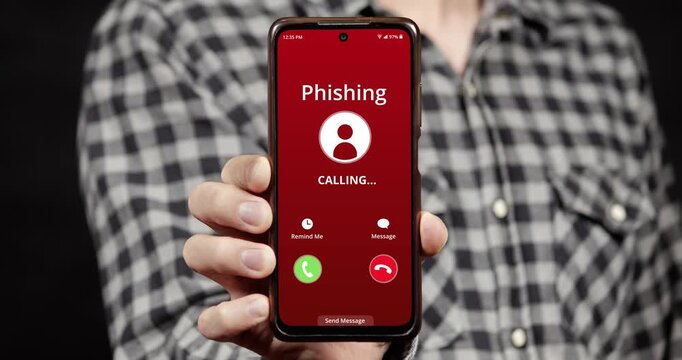Motion graphics of a male hand holding a smartphone with a phishing incoming call red interface warning