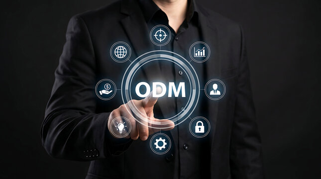 Businessman touching ODM text on virtual screen original design manufacturer concept