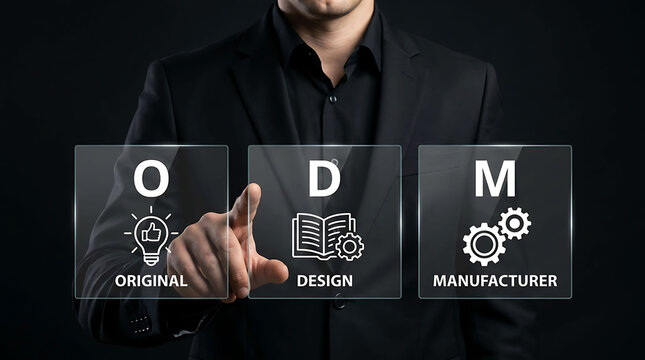Businessman pointing at ODM Original Design Manufacturer concept virtual screen