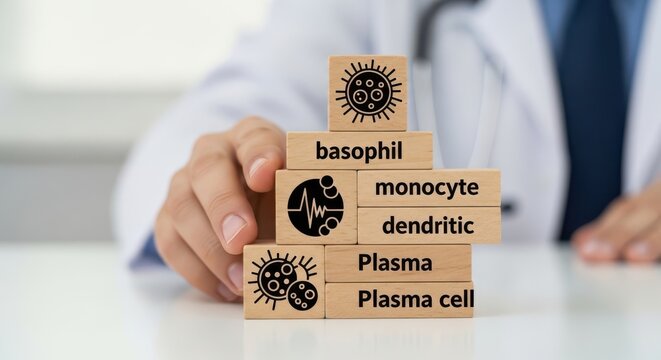 A doctor building a tower with wooden blocks labeled with types of white blood cells on a white table
