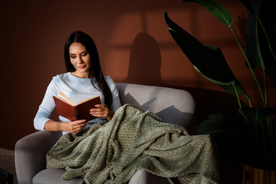 Woman reading a book on a sofa wrapped in a blanket in warm window light, relaxed at home with houseplant and cozy interior