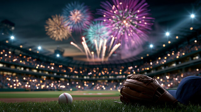 Patriotic baseball stadium on Fourth of July with fireworks overhead, American summer tradition and copy space
