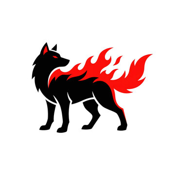 Black wolf icon with bright red fire flames illustration isolated on transparent background
