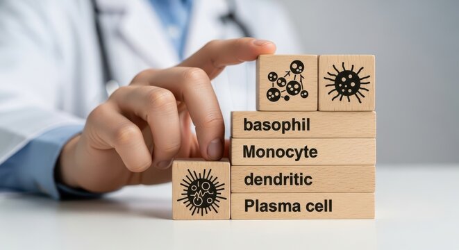 A doctor building blocks with immune cells and virus symbols on them