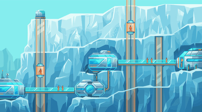 Futuristic arctic research facility with scientists in orange suits exploring an icy mountain landscape. Ideal for sci-fi, technology, environmental, and adventure themes.