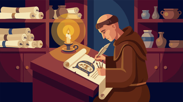 A diligent medieval monk meticulously illuminates an ancient manuscript by candlelight, using a quill and brushes. Perfect for history, education, and art themes.
