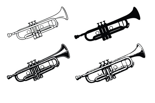 Set of Four Artistic Trumpet Vector Illustrations Featuring Diverse Graphic Styles Including Minimalist Outline, Solid Black Silhouette, Vintage Woodcut Engraving, and Detailed Stippled Pointillism