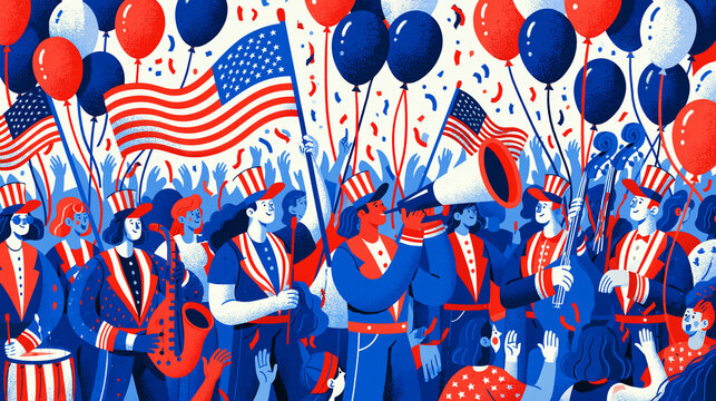 Festive Independence Day parade with marching band, flags, balloons and cheering crowd in bright red white and blue vector illustration