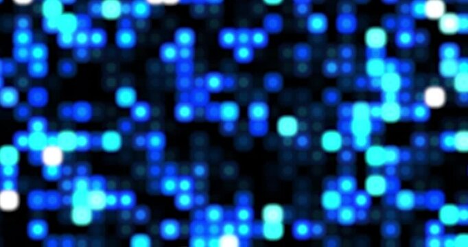 Beautiful zoom in of a bokeh effect technology abstract background animation with blinking blue lights and black background