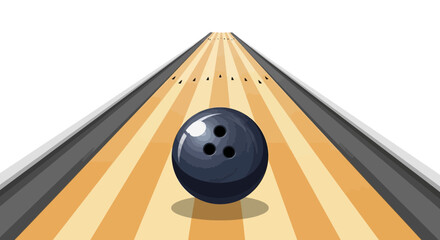 A black glossy bowling ball rolling down the wooden lane. © Hanhan Putri