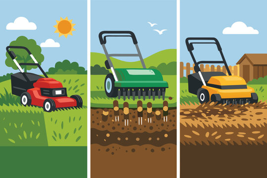Lawn Care Maintenance Services Illustration Featuring Grass Mowing with Red Mower, Soil Aeration with Green Aerator Machine, and Scarification Dethatching with Yellow Equipment in Flat Vector Style