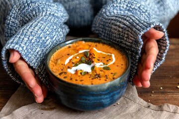Cozy soup in blue bowl. © Rawpixel.com