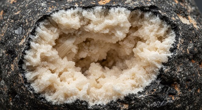 Close-up of a geode with sparkling crystalline interior against a dark, textured exterior.