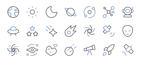 Space and Astronomy Line Icons Set Editable Stroke Vector Illustration Cosmic Exploration Planets Stars Rocket and Telescope Icons. © Binaya
