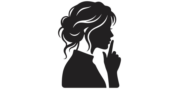 Silhouette of woman with finger on lips showing quiet gesture symbolizing silence, secrecy, and calm concept artwork design illustration, flat vector illustration
