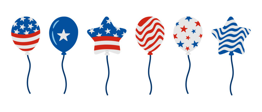 USA Independence Day party balloons set. American flag colors red white blue patriotic decorations with stars and stripes patterns. Fourth of July celebration elements on transparent background.