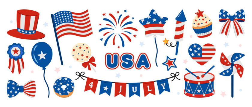 USA Independence Day patriotic party elements set. American flag colors red white blue decorations with hat, bunting, fireworks, balloons, sweets and drum isolated on white background.