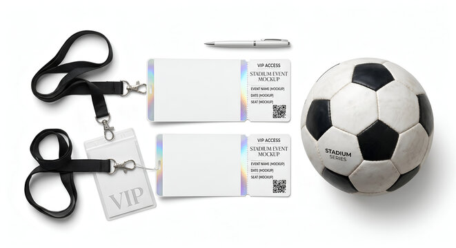 Top down view of blank VIP stadium event ticket mockups with lanyards and a soccer ball, exclusive sports match access concept isolated on white background.