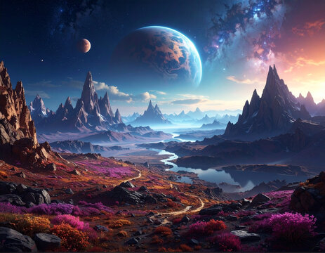 Pemandangan planet asing dengan pegunungan dan langit