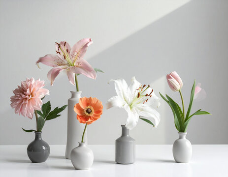Assorted flowers in vases on white table