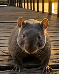 Obraz premium A yellow northern hairy nosed wombat genetic hybrid experiment fantasy animal, fictional species on a rotting wooden pier